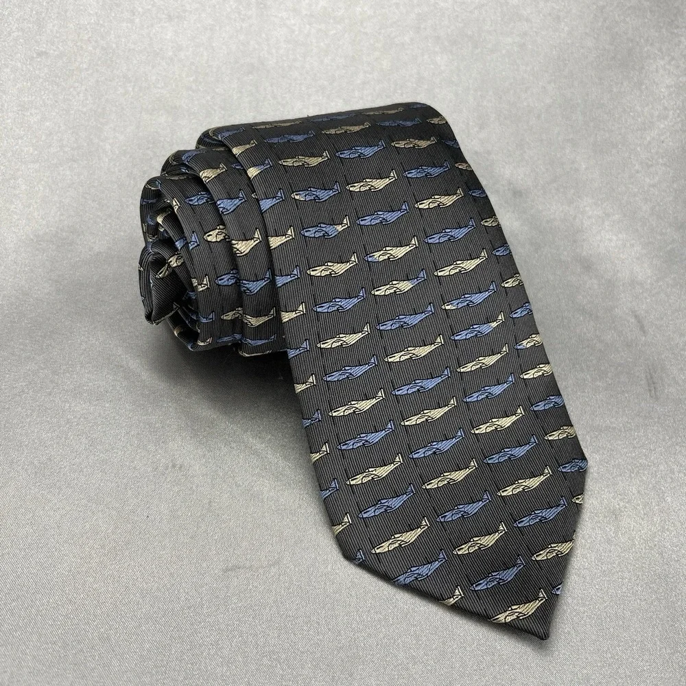 Doppeldecker Silk Tie WWII‎ Style Fighter / Trainer Airplanes Charcoal Vintage